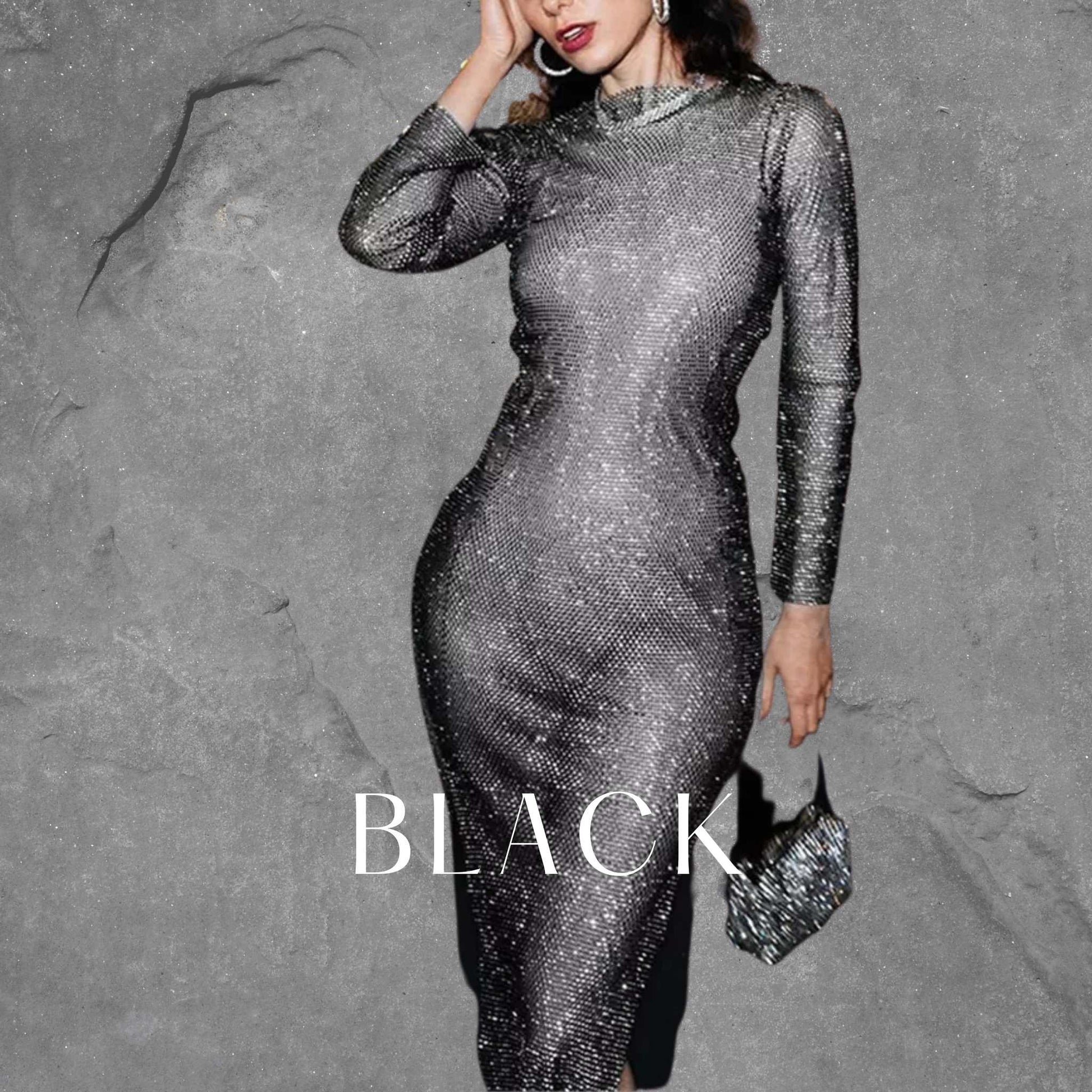 Black Sheer Mesh Dress - Long Sleeve Bodycon Dress - Black Two Piece