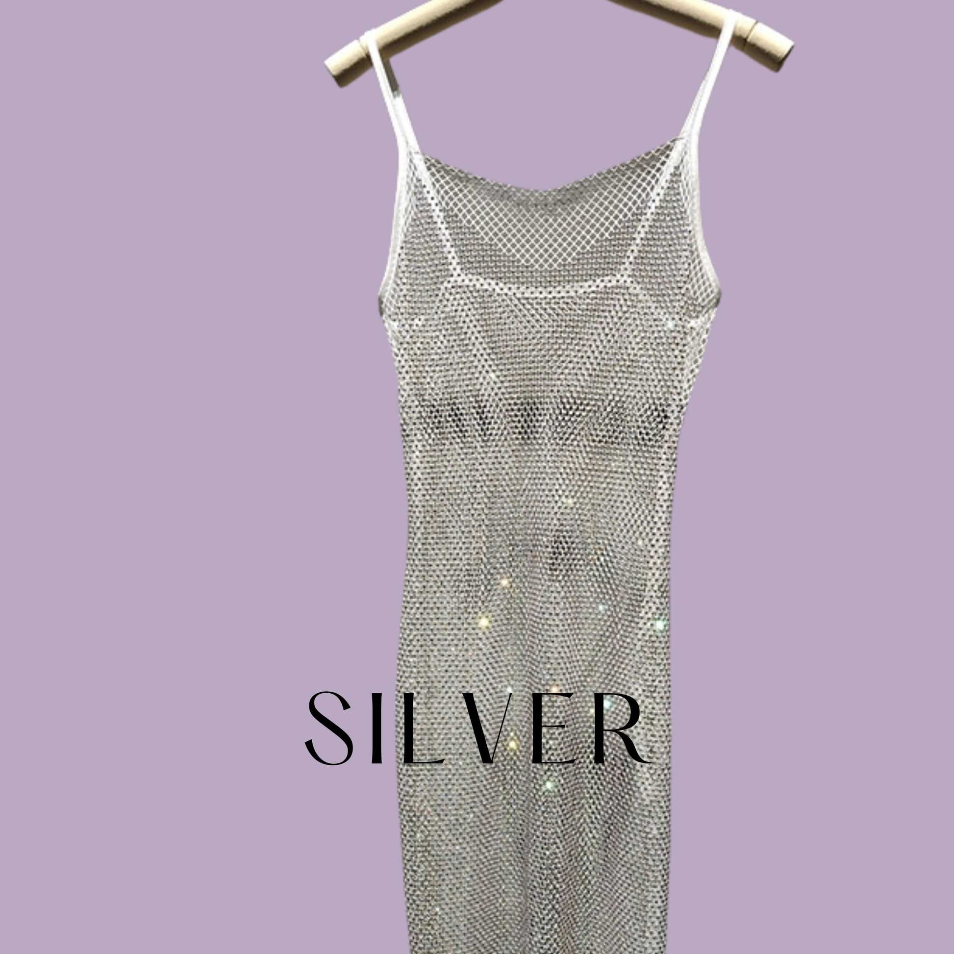 Crystal Mesh Slip Dress in silver