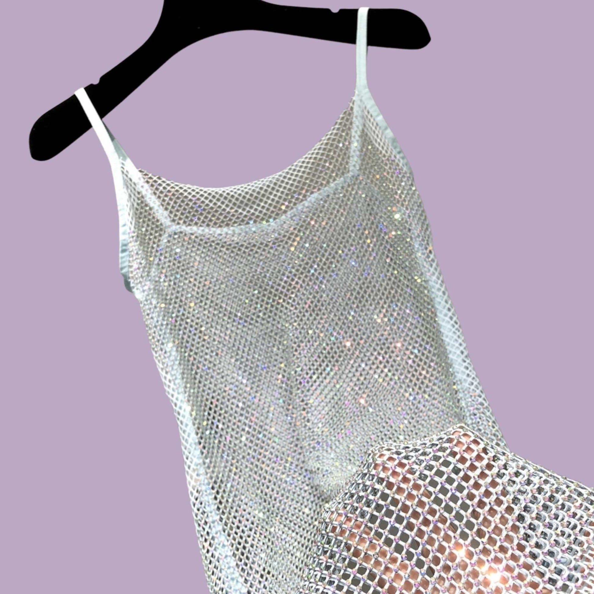 Crystal Mesh Slip Dress close up in silver