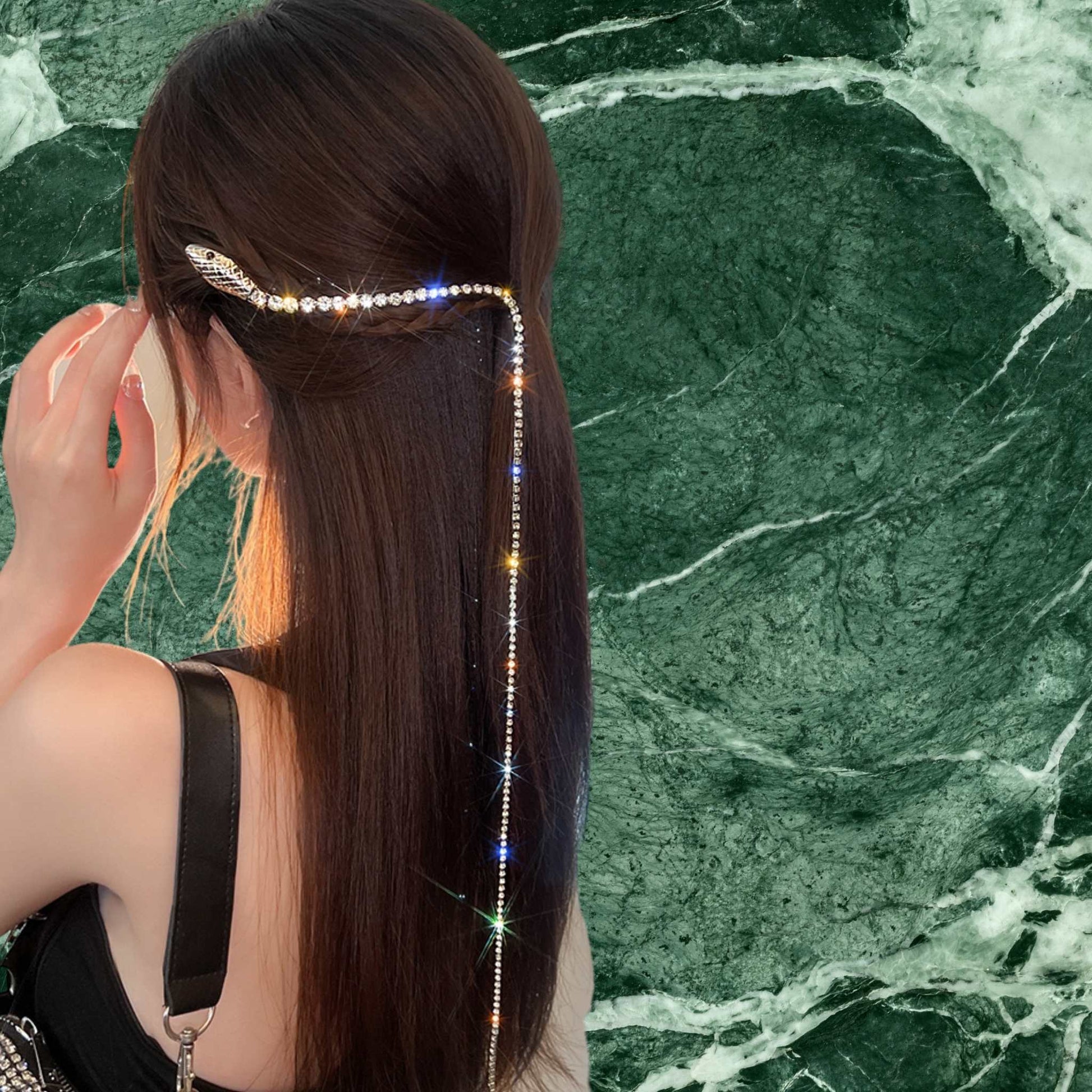 model wearing rhinestone bling hair clip