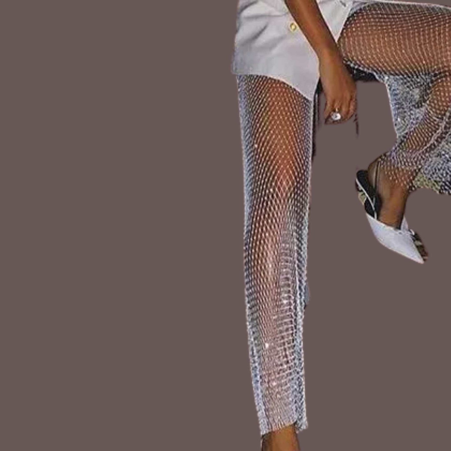 Mesh pants with rhinestones