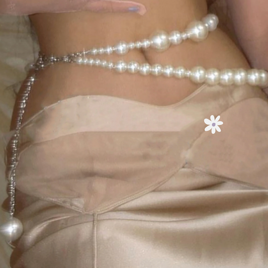 model wearing Pearl Y2K Style Waist Chain Body Jewelry