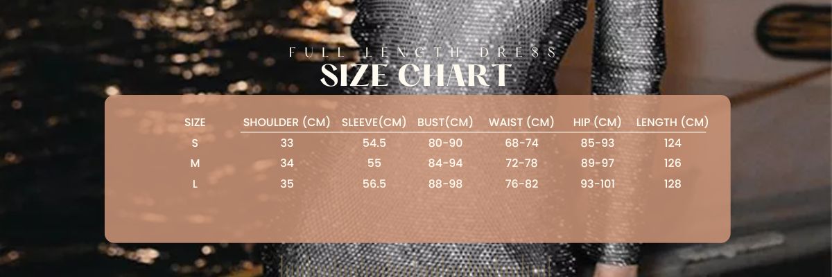 size chart for Crystal Mesh Sheer Full Length Dress