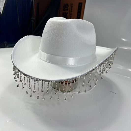 White Bride Crystal Tassel Cowgirl Hat